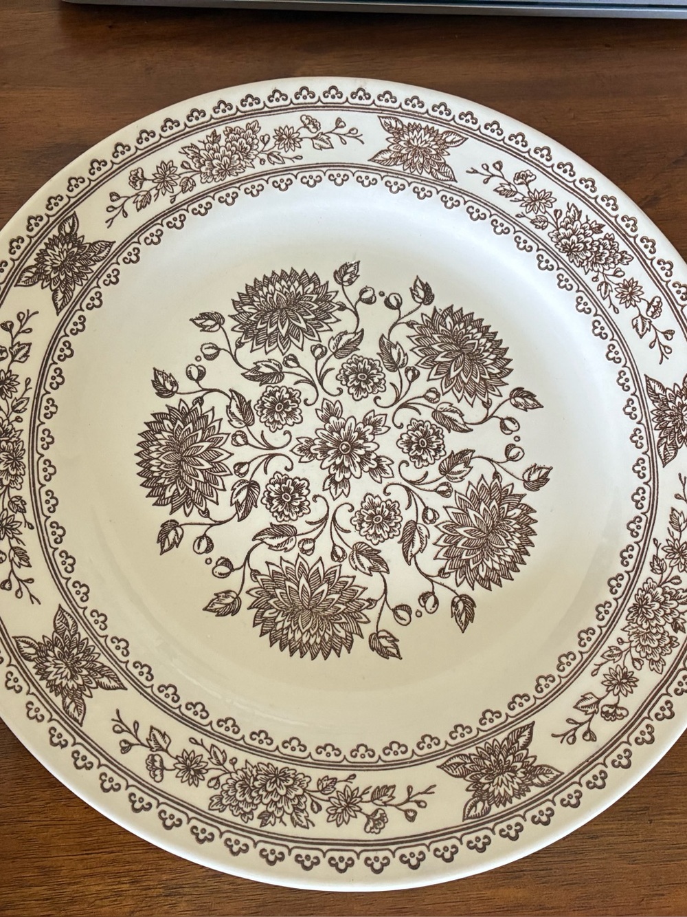 Vendome Cream Ceramic Dinner Plate with Brown Floral Pattern Home Decor